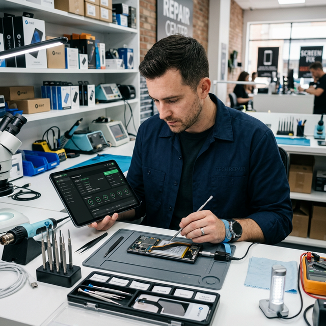 Sistema Okuera mostrando una vista de trabajo para un negocio de reparacion.